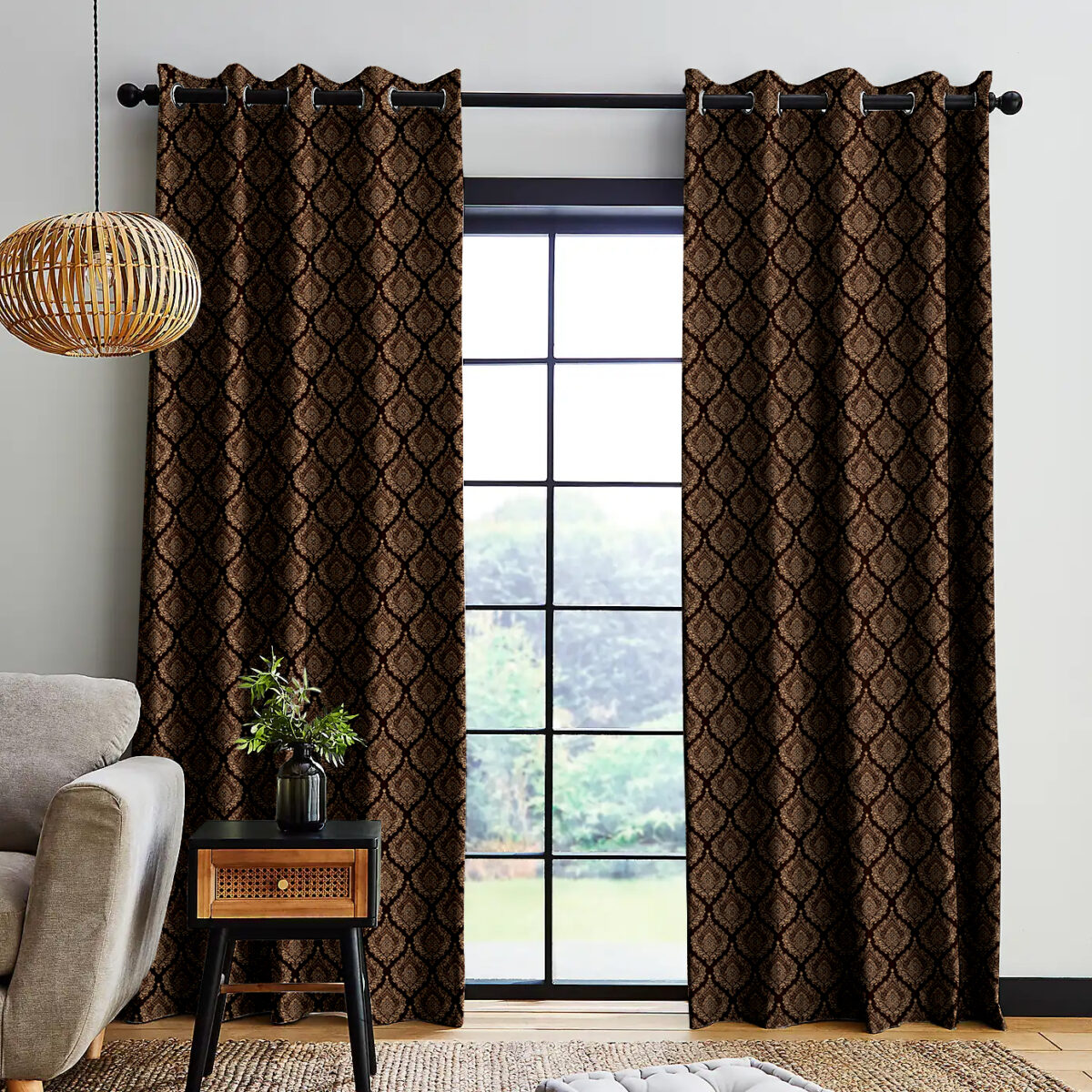 Coffee Brown Leaf Eyelet Curtains - Chennai Blinds